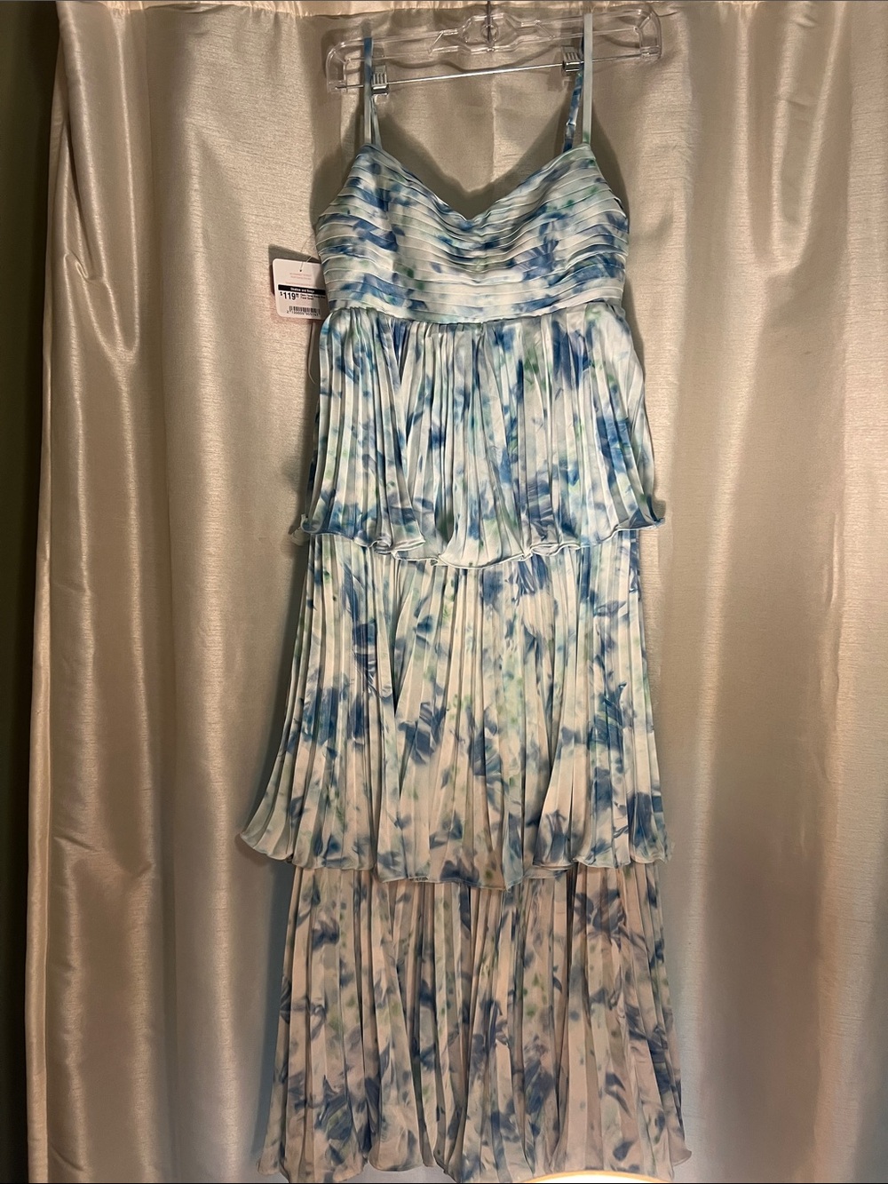 Tiered Blue & White Tie-Dye Maxi Dress with Spaghetti Straps